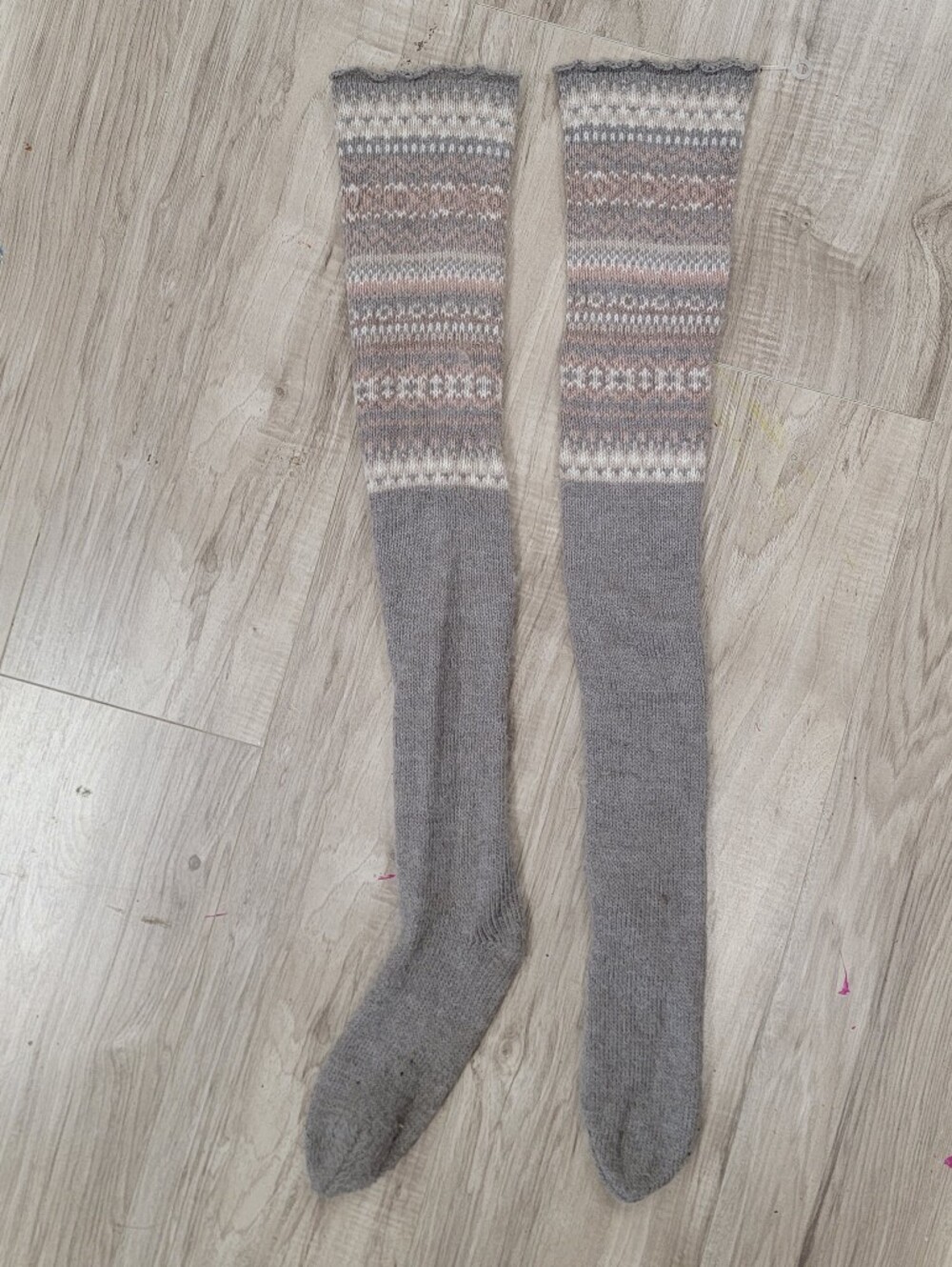 Cozy Grey Fair Isle Thigh-High Knit Socks